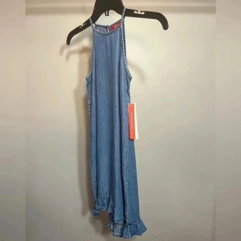 Aqua Girl Kids Chambray Halter Dress Blue Ruffle High‎ Low KD1436 Size S NWT